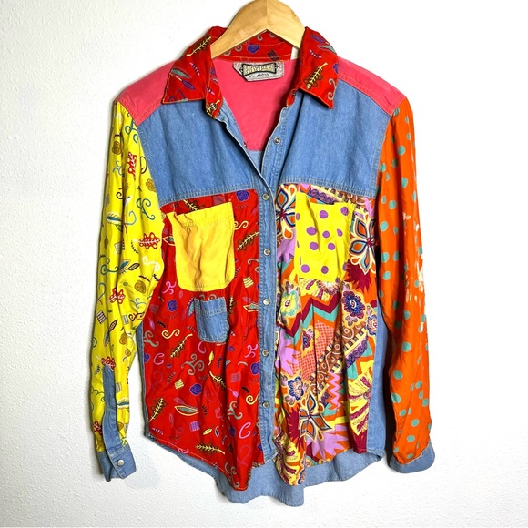 Hype Tops - Hype vintage 90s Red orange patchwork color block Shirt top M girlhoodcore